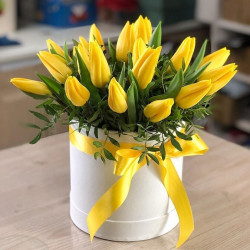 Композиция из 19 желтых тюльпанов в коробке